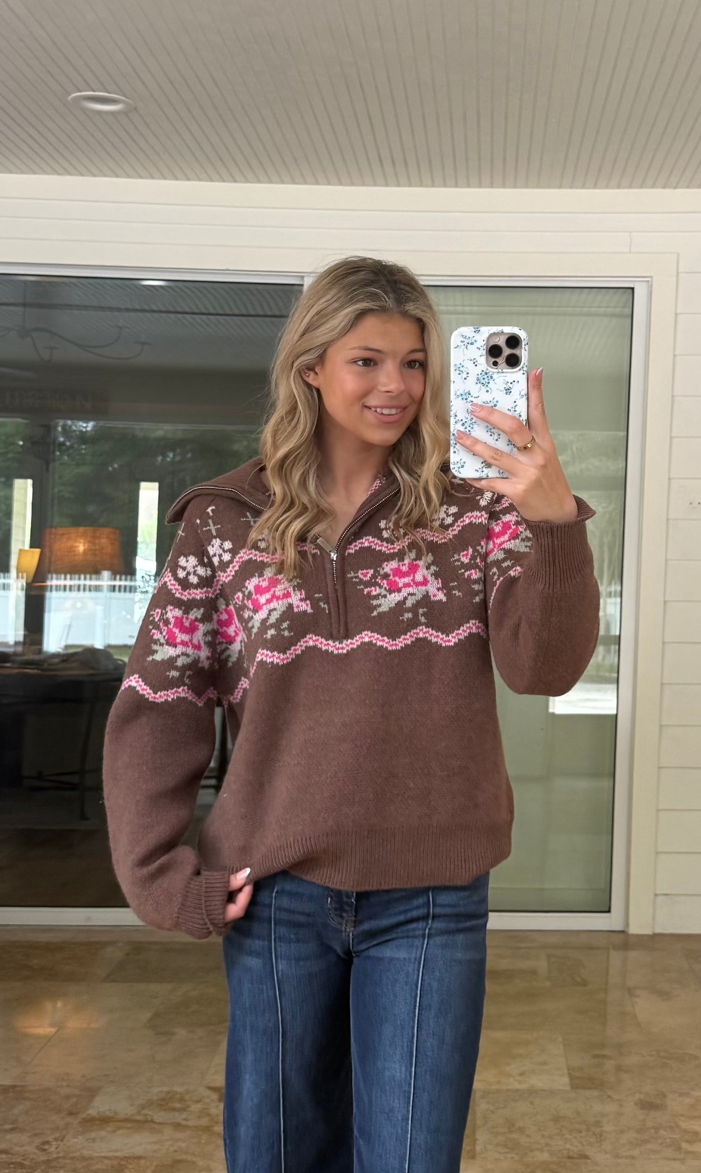 Mocha Blossom Half Zip Sweater