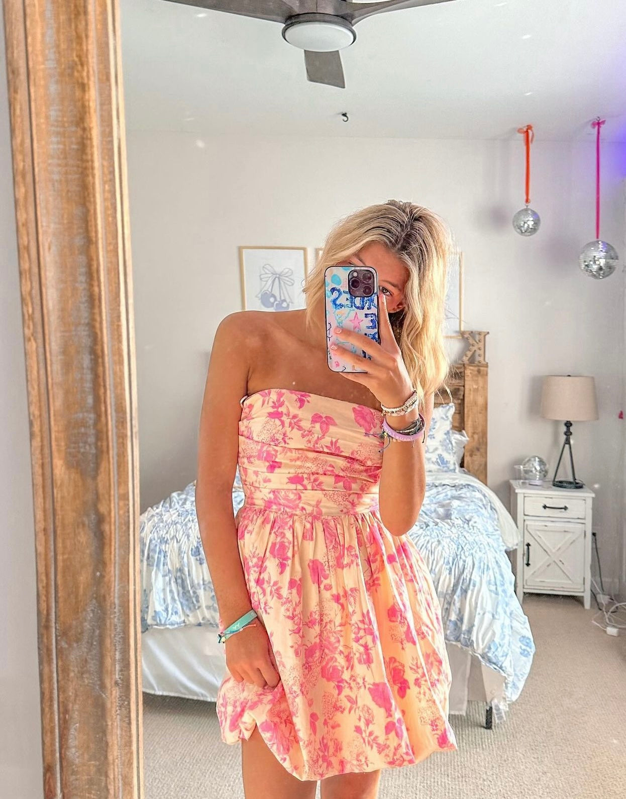 pink floral strapless mini dress Spring Fever Floral Satin Strapless Mini Dress Soft Pink / L