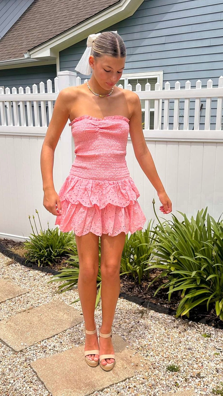 Summer Lovin’ Pink Eyelet Mini Dress