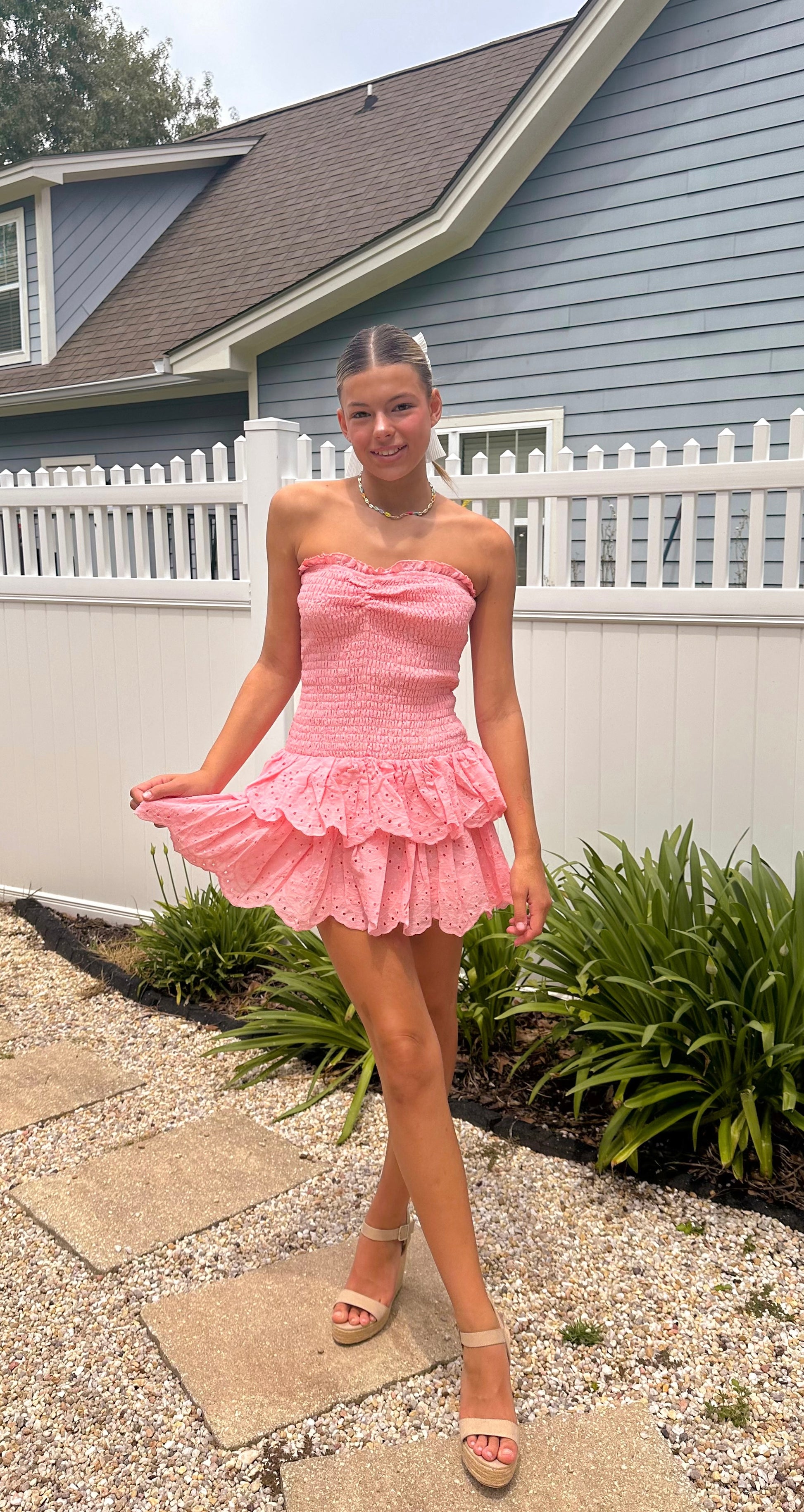 pink eyelet mini dress Jena Floral Eyelet Mini Dress-Pink