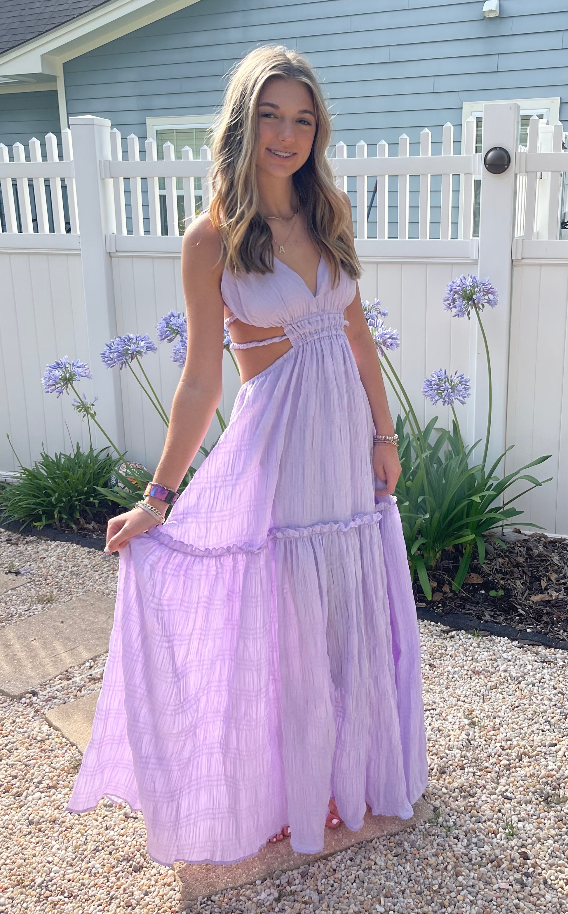 lilac cotton maxi dress Lilac Eyelet Cotton Maxi Dress: Smocked Embroidery Lace